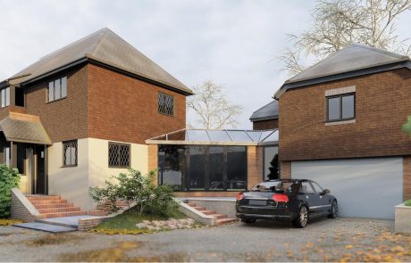 View 1 Rev A CGI Render of Project. Showcasing glass-roofed extension next to brick building.
